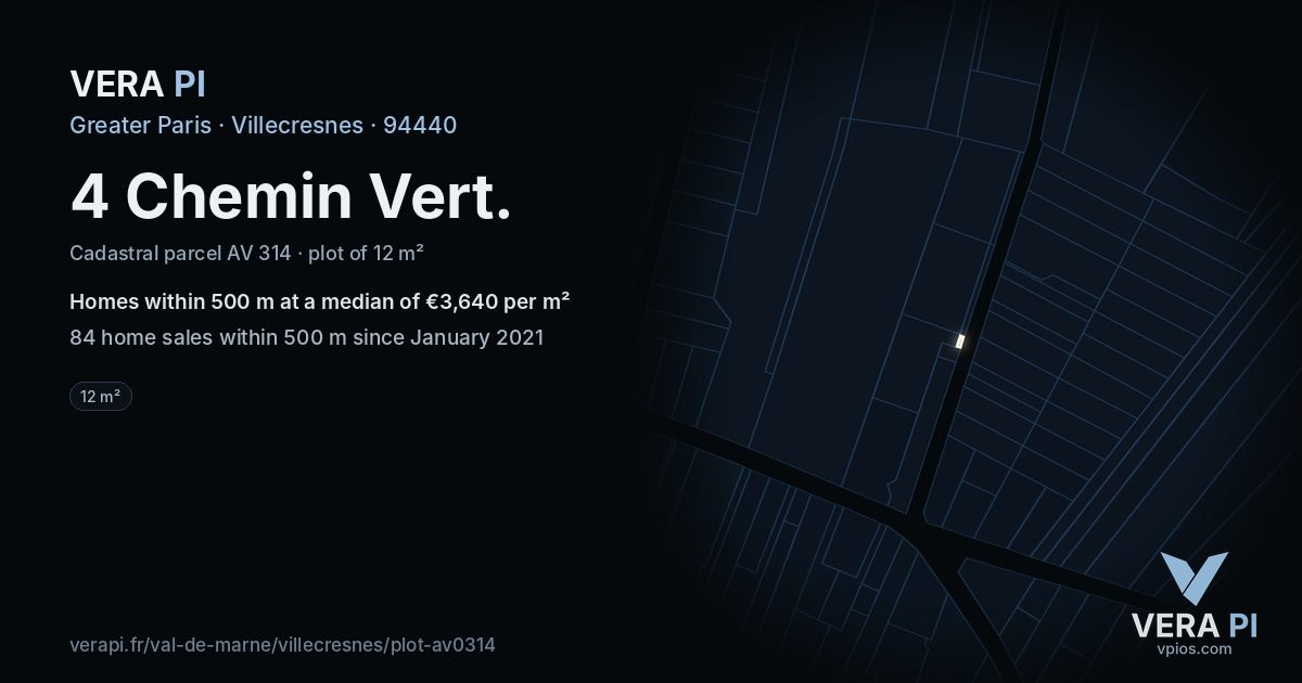 4 Chemin Vert, Villecresnes at night – the plot lit, the parcels around coloured by the prices near them