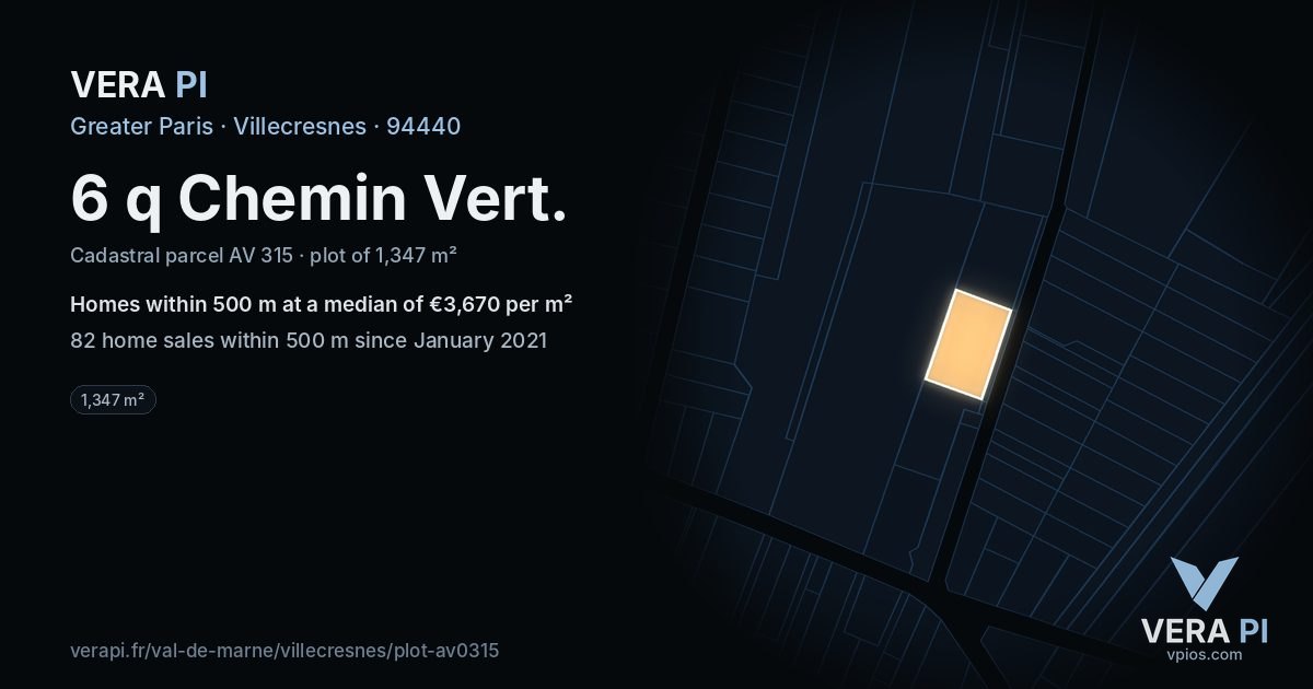 6 q Chemin Vert, Villecresnes at night – the plot lit, the parcels around coloured by the prices near them