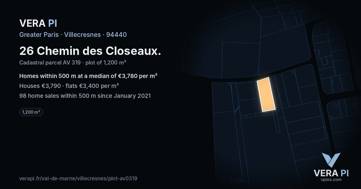 26 Chemin des Closeaux, Villecresnes at night – the plot lit, the parcels around coloured by the prices near them