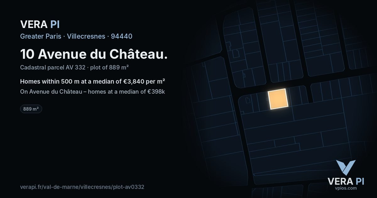 10 Avenue du Château, Villecresnes at night – the plot lit, the parcels around coloured by the prices near them