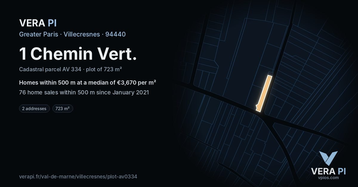 1 Chemin Vert, Villecresnes at night – the plot lit, the parcels around coloured by the prices near them