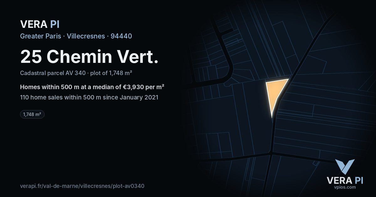 25 Chemin Vert, Villecresnes at night – the plot lit, the parcels around coloured by the prices near them