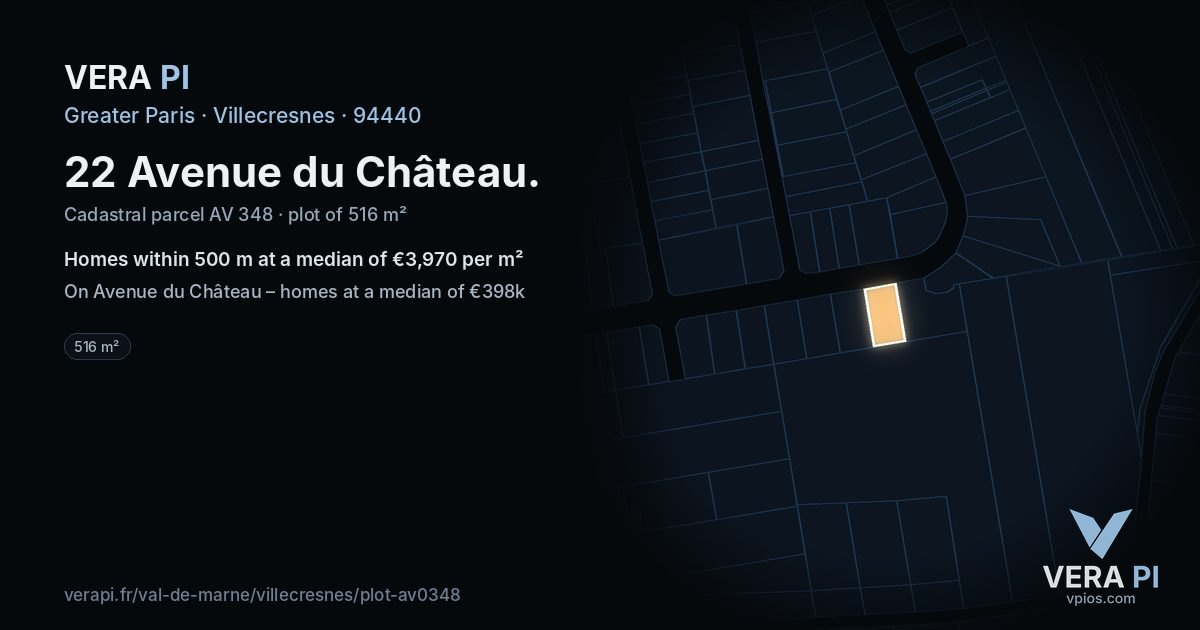 22 Avenue du Château, Villecresnes at night – the plot lit, the parcels around coloured by the prices near them