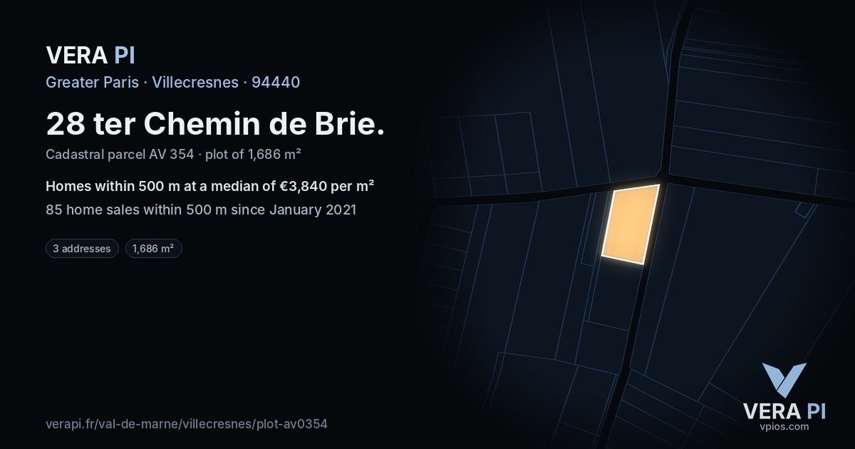 28 ter Chemin de Brie, Villecresnes at night – the plot lit, the parcels around coloured by the prices near them