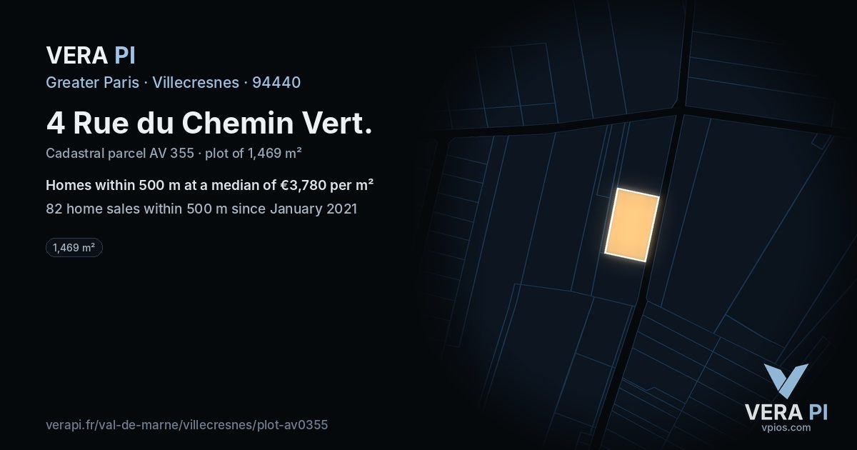 4 Rue du Chemin Vert, Villecresnes at night – the plot lit, the parcels around coloured by the prices near them