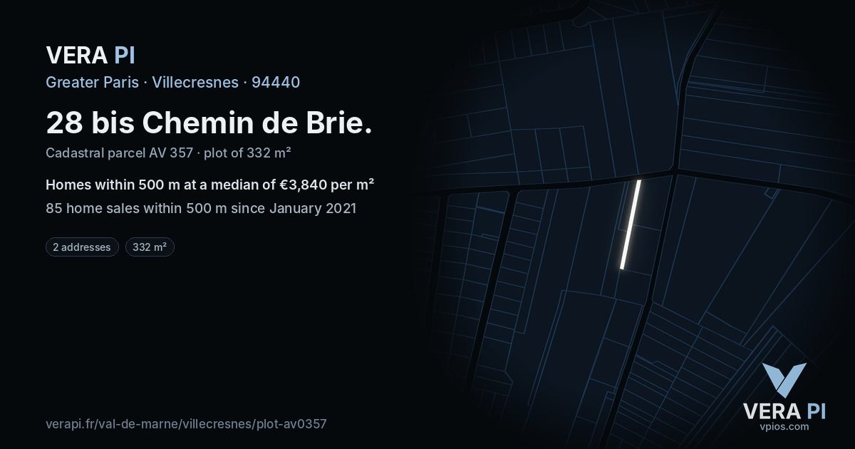 28 bis Chemin de Brie, Villecresnes at night – the plot lit, the parcels around coloured by the prices near them