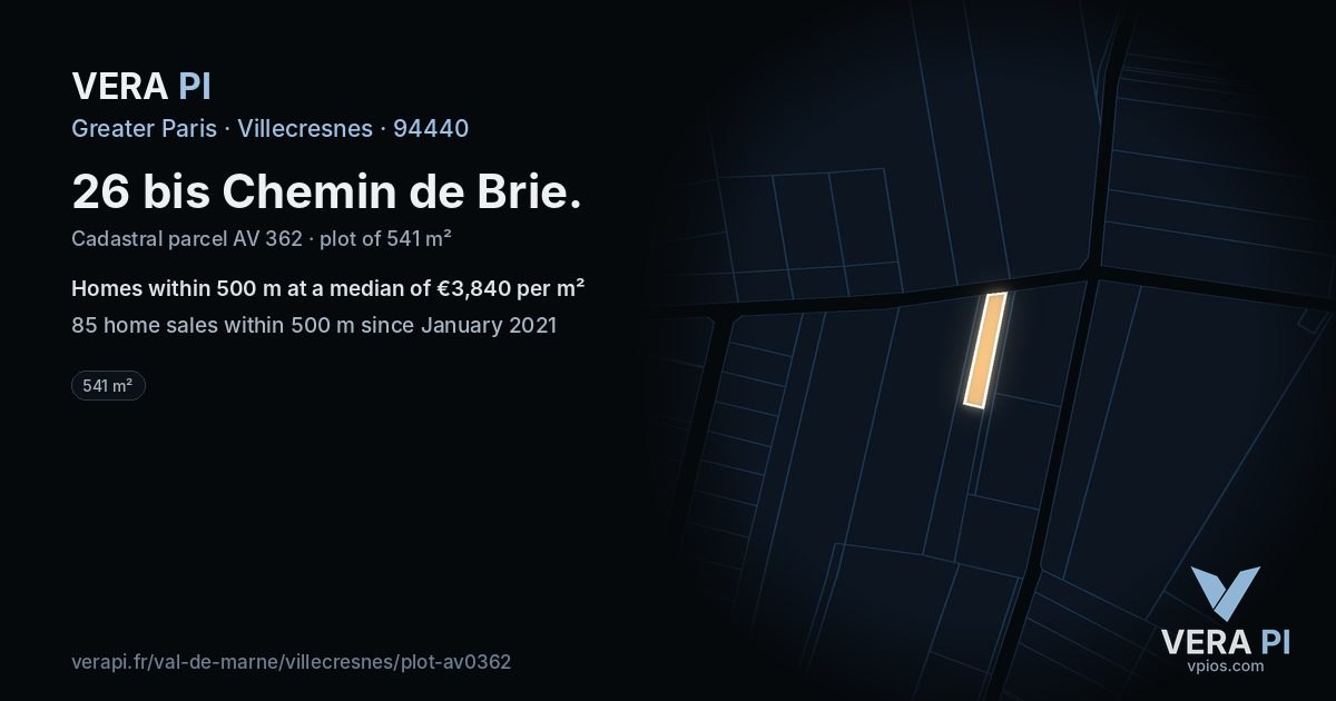 26 bis Chemin de Brie, Villecresnes at night – the plot lit, the parcels around coloured by the prices near them