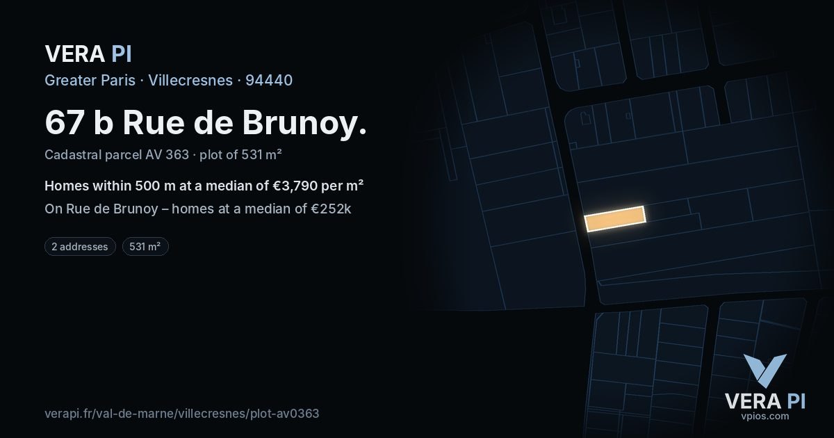 67 b Rue de Brunoy, Villecresnes at night – the plot lit, the parcels around coloured by the prices near them