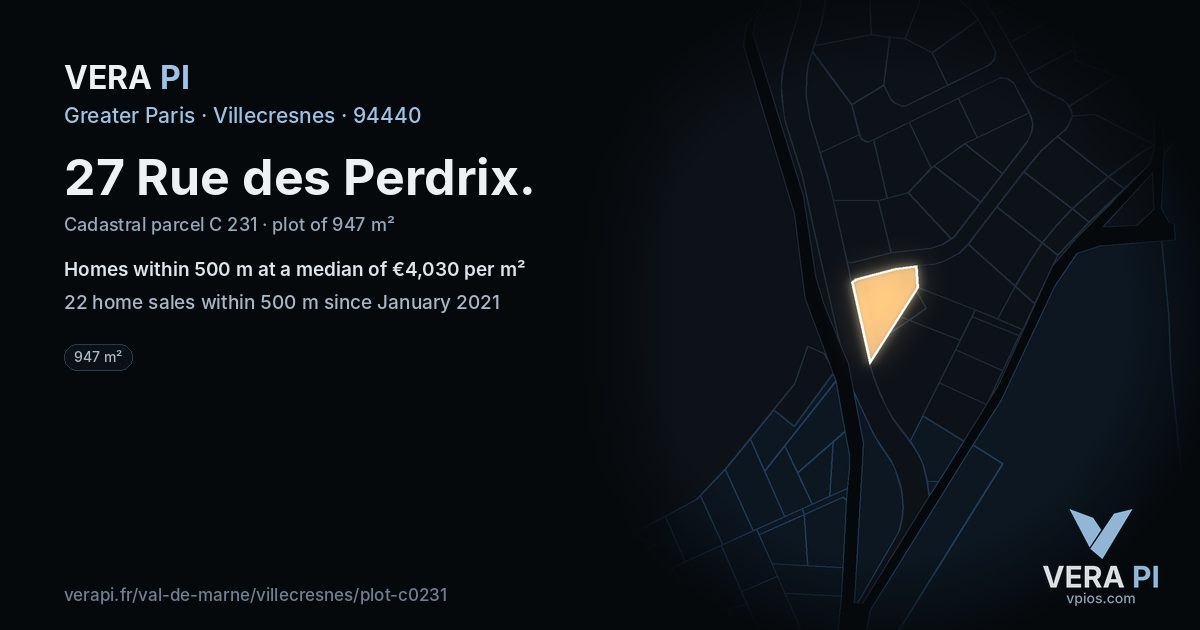 27 Rue des Perdrix, Villecresnes at night – the plot lit, the parcels around coloured by the prices near them