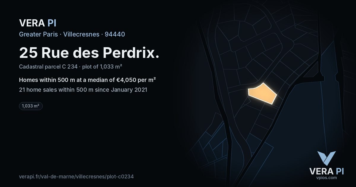 25 Rue des Perdrix, Villecresnes at night – the plot lit, the parcels around coloured by the prices near them
