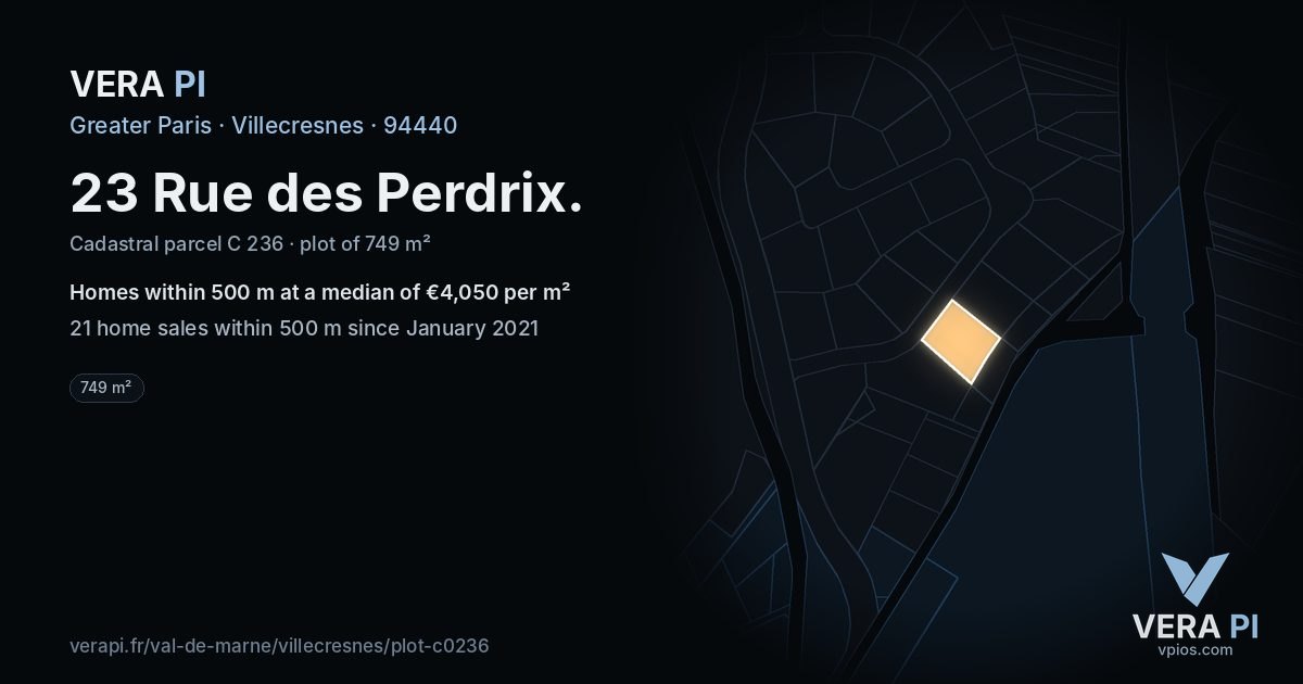 23 Rue des Perdrix, Villecresnes at night – the plot lit, the parcels around coloured by the prices near them