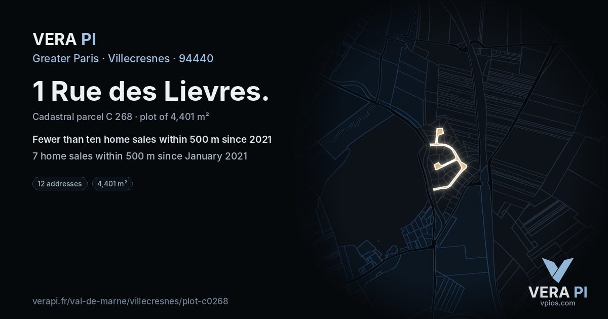 1 Rue des Lievres, Villecresnes at night – the plot lit, the parcels around coloured by the prices near them