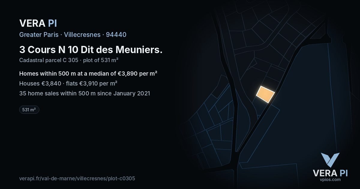 3 Cours N 10 Dit des Meuniers, Villecresnes at night – the plot lit, the parcels around coloured by the prices near them