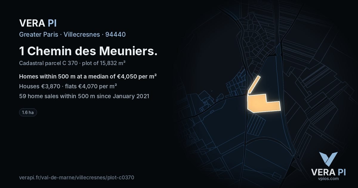 1 Chemin des Meuniers, Villecresnes at night – the plot lit, the parcels around coloured by the prices near them