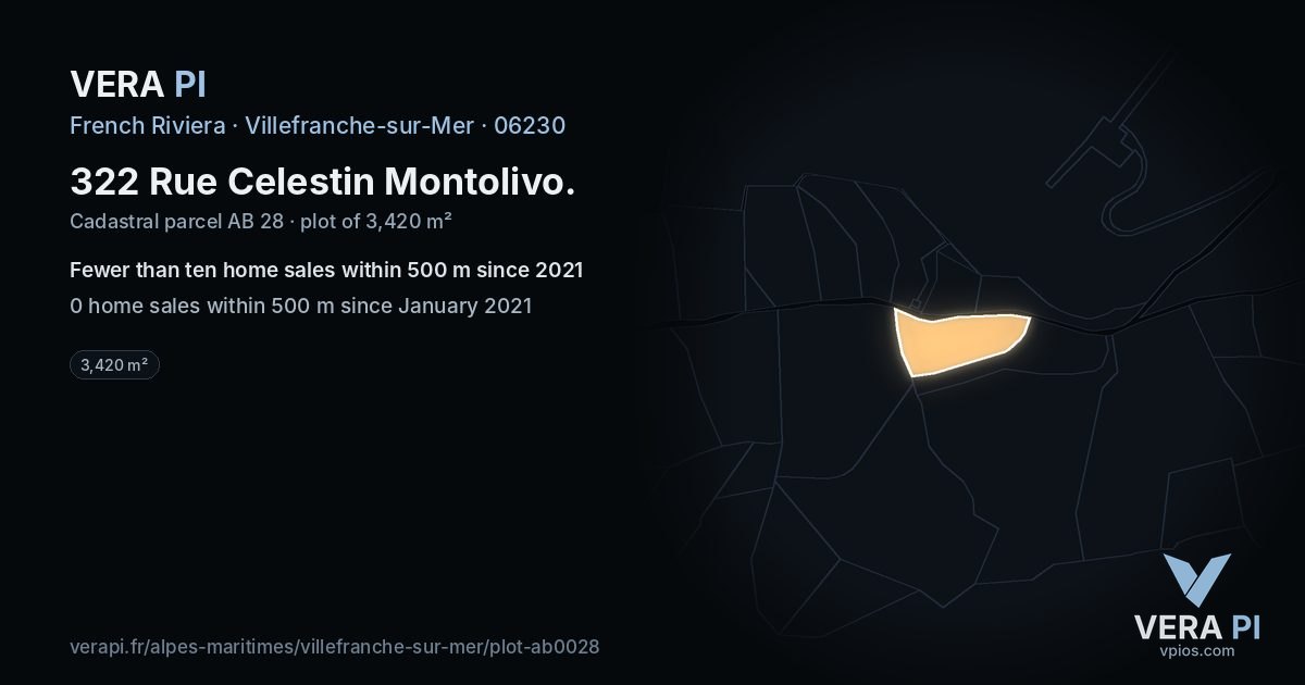 322 Rue Celestin Montolivo, Villefranche-sur-Mer at night – the plot lit, the parcels around coloured by the prices near them