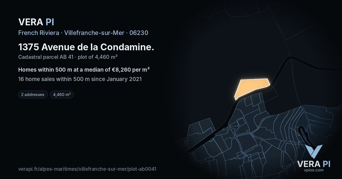 1375 Avenue de la Condamine, Villefranche-sur-Mer at night – the plot lit, the parcels around coloured by the prices near them