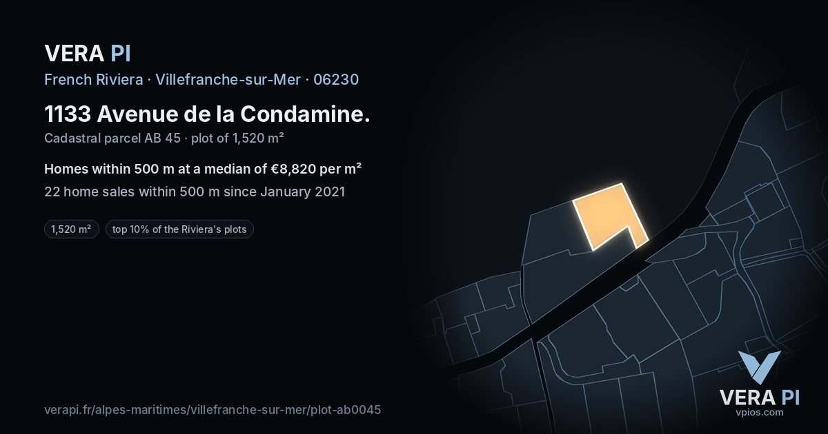 1133 Avenue de la Condamine, Villefranche-sur-Mer at night – the plot lit, the parcels around coloured by the prices near them