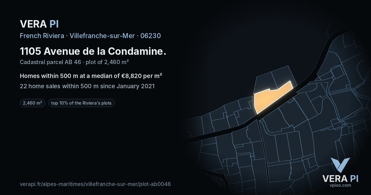 1105 Avenue de la Condamine, Villefranche-sur-Mer at night – the plot lit, the parcels around coloured by the prices near them