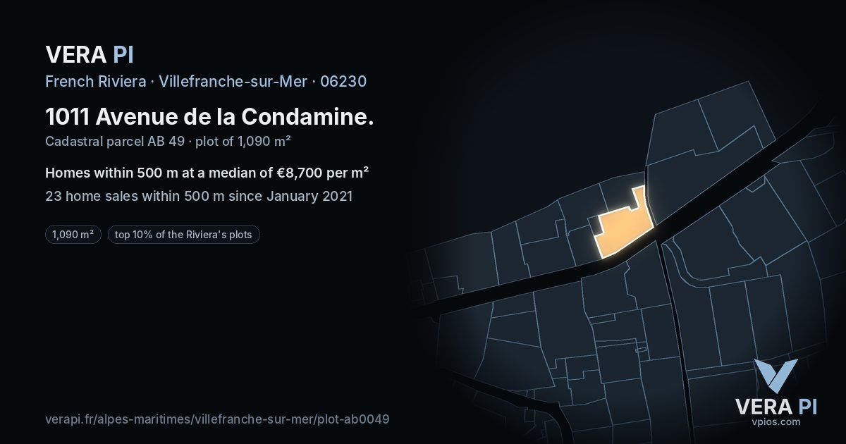 1011 Avenue de la Condamine, Villefranche-sur-Mer at night – the plot lit, the parcels around coloured by the prices near them