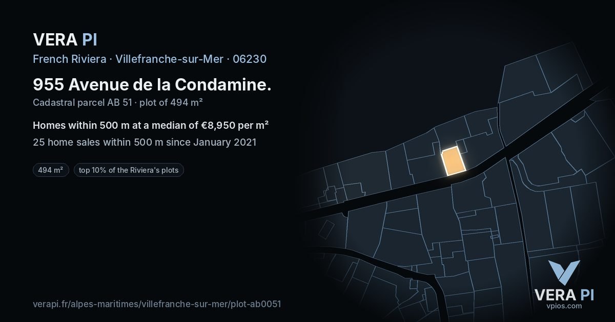 955 Avenue de la Condamine, Villefranche-sur-Mer at night – the plot lit, the parcels around coloured by the prices near them