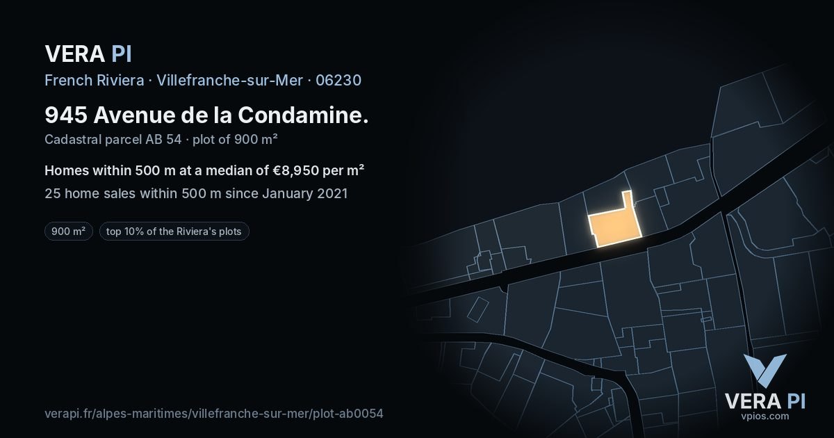 945 Avenue de la Condamine, Villefranche-sur-Mer at night – the plot lit, the parcels around coloured by the prices near them