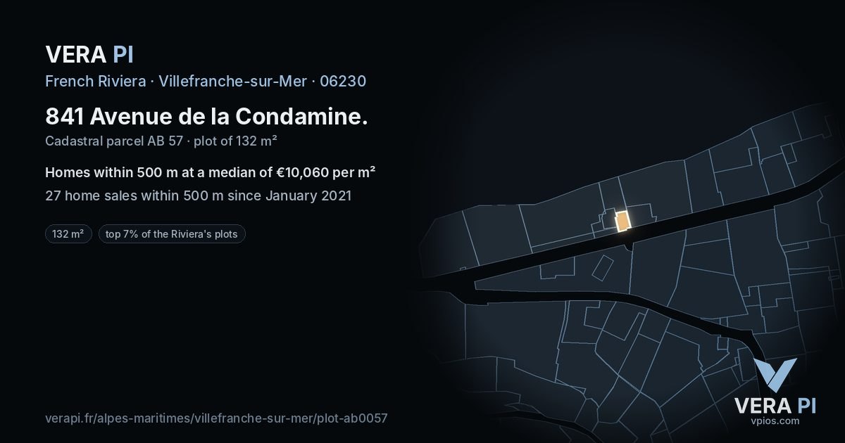 841 Avenue de la Condamine, Villefranche-sur-Mer at night – the plot lit, the parcels around coloured by the prices near them
