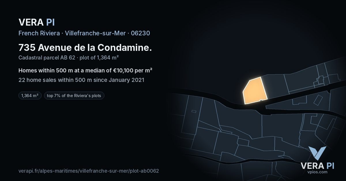 735 Avenue de la Condamine, Villefranche-sur-Mer at night – the plot lit, the parcels around coloured by the prices near them