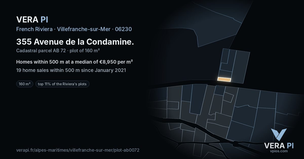 355 Avenue de la Condamine, Villefranche-sur-Mer at night – the plot lit, the parcels around coloured by the prices near them