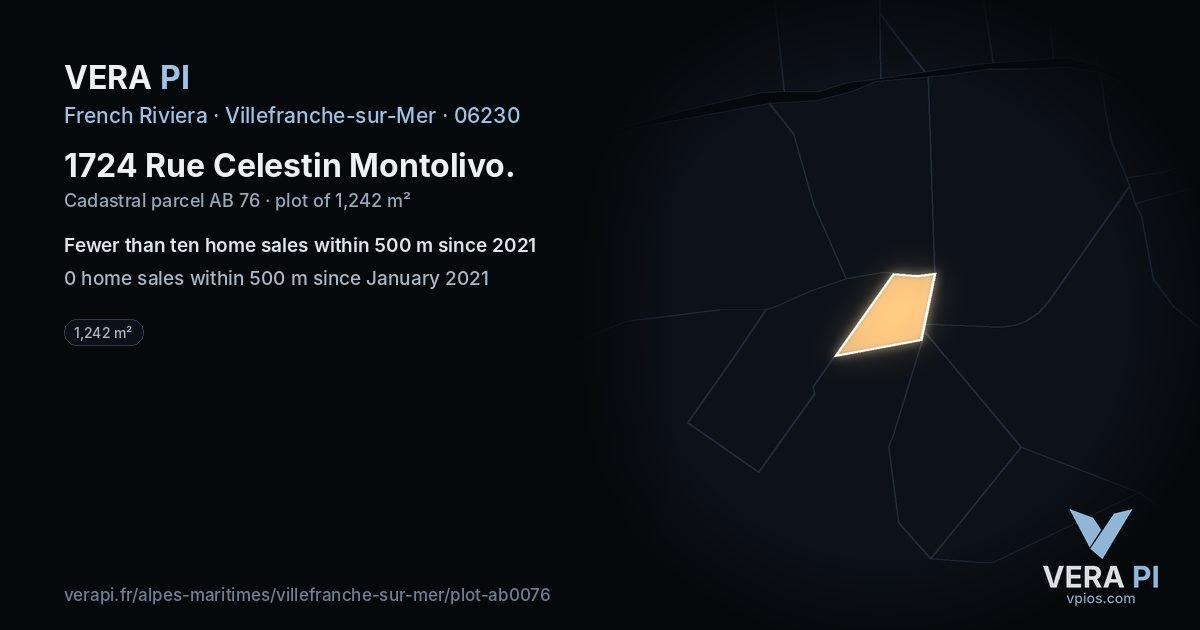 1724 Rue Celestin Montolivo, Villefranche-sur-Mer at night – the plot lit, the parcels around coloured by the prices near them
