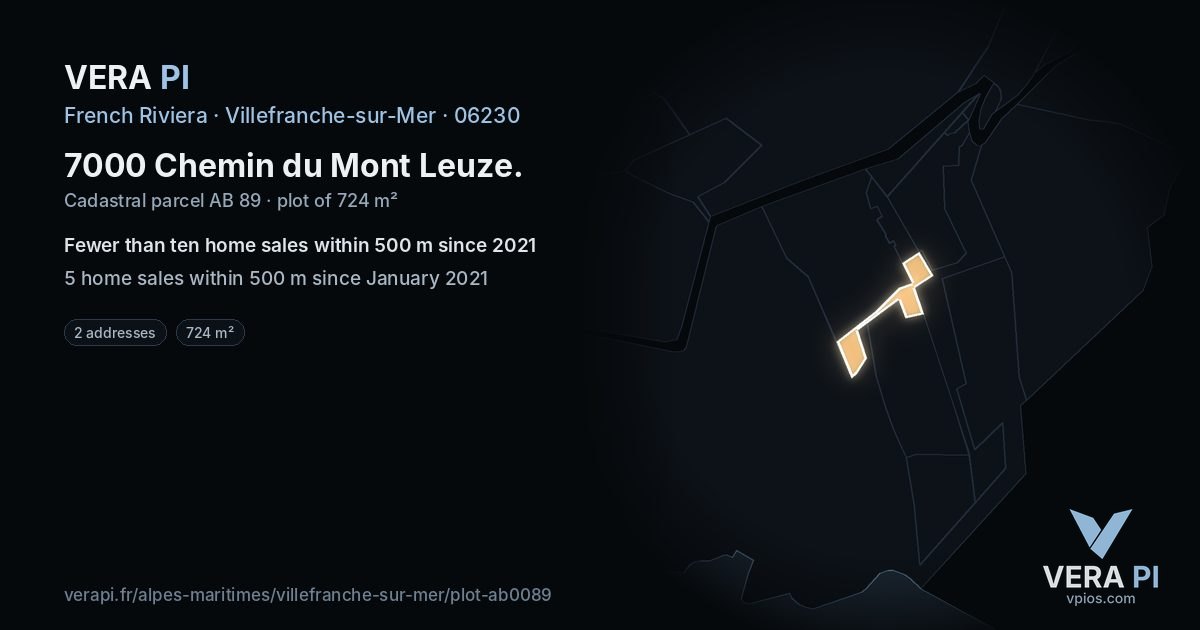 7000 Chemin du Mont Leuze, Villefranche-sur-Mer at night – the plot lit, the parcels around coloured by the prices near them