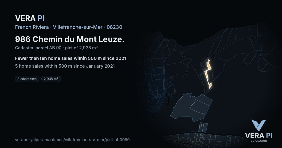 986 Chemin du Mont Leuze, Villefranche-sur-Mer at night – the plot lit, the parcels around coloured by the prices near them