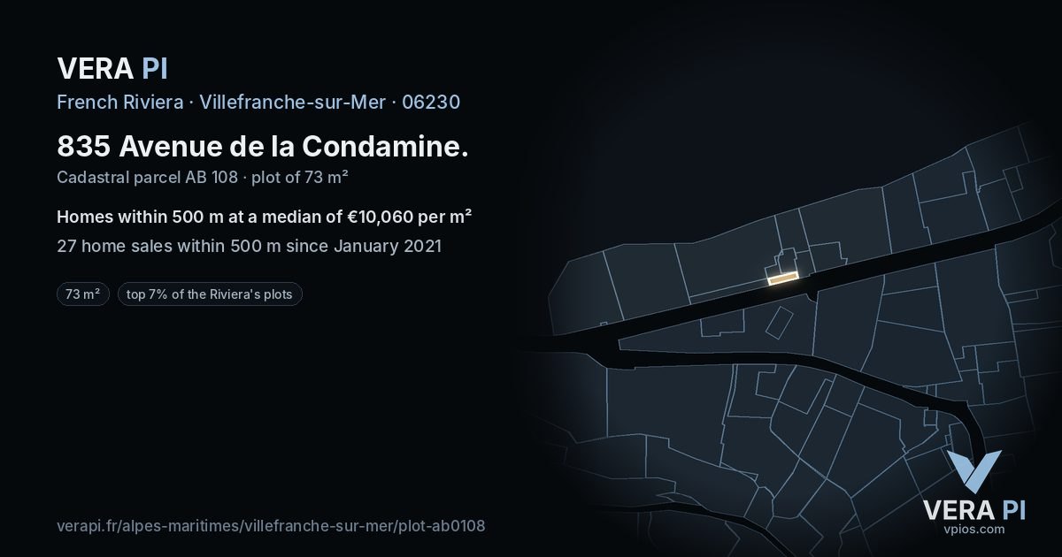 835 Avenue de la Condamine, Villefranche-sur-Mer at night – the plot lit, the parcels around coloured by the prices near them