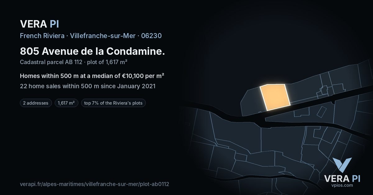 805 Avenue de la Condamine, Villefranche-sur-Mer at night – the plot lit, the parcels around coloured by the prices near them