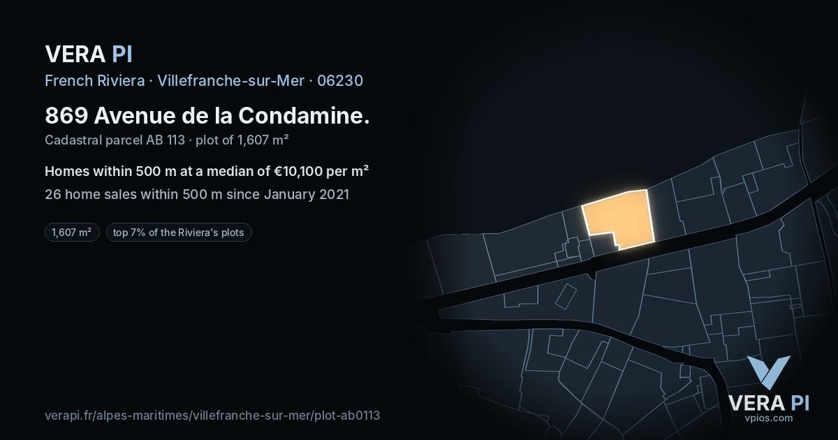 869 Avenue de la Condamine, Villefranche-sur-Mer at night – the plot lit, the parcels around coloured by the prices near them