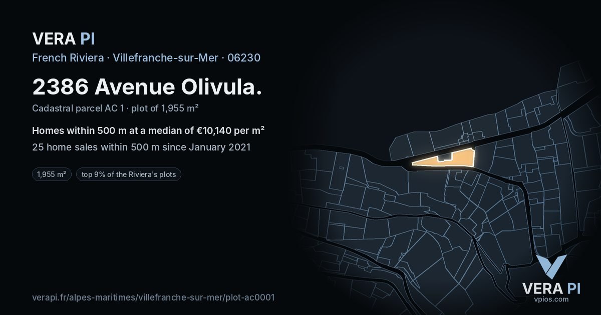 2386 Avenue Olivula, Villefranche-sur-Mer at night – the plot lit, the parcels around coloured by the prices near them