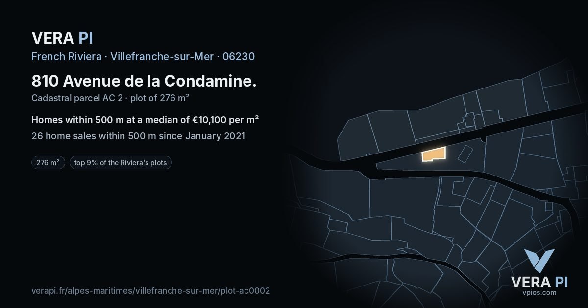 810 Avenue de la Condamine, Villefranche-sur-Mer at night – the plot lit, the parcels around coloured by the prices near them