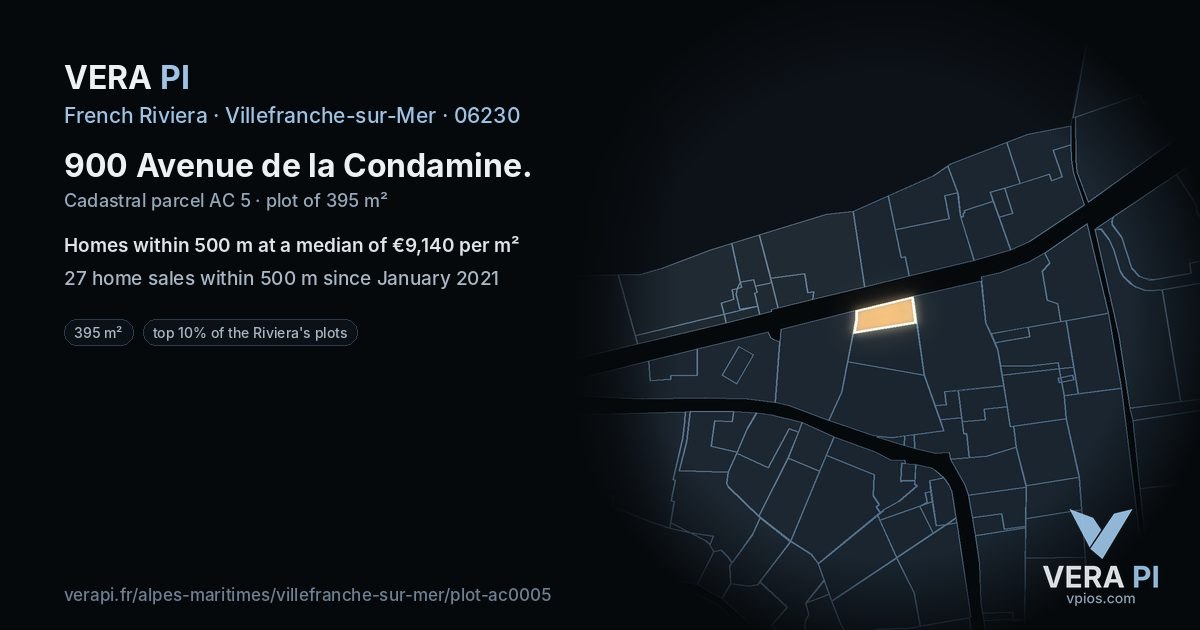 900 Avenue de la Condamine, Villefranche-sur-Mer at night – the plot lit, the parcels around coloured by the prices near them