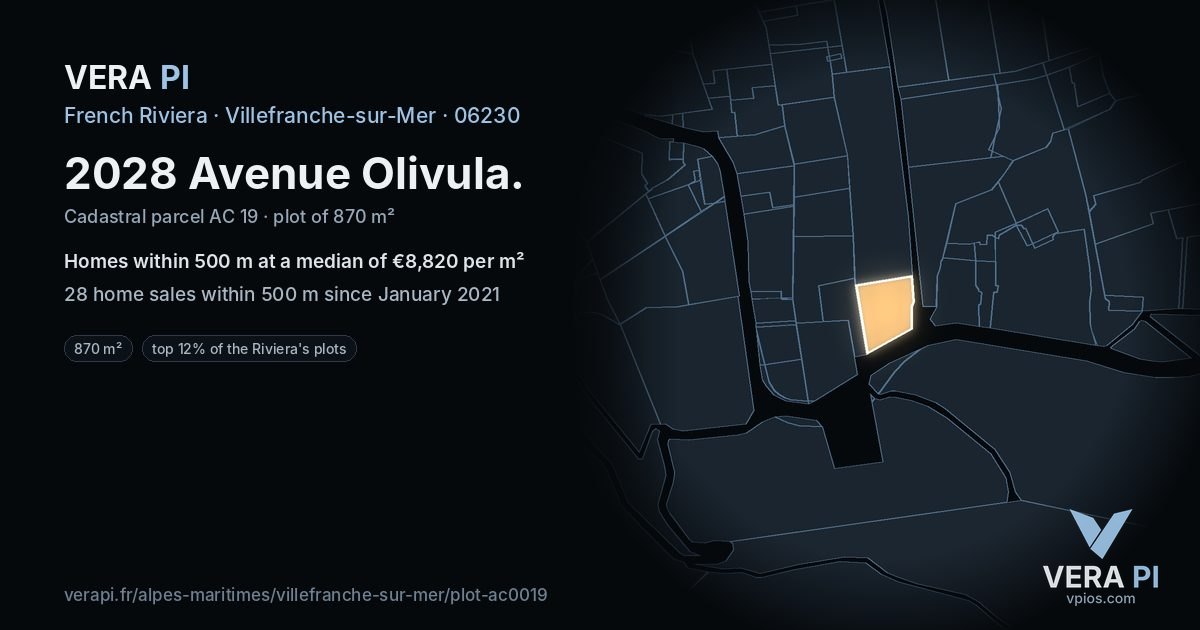2028 Avenue Olivula, Villefranche-sur-Mer at night – the plot lit, the parcels around coloured by the prices near them