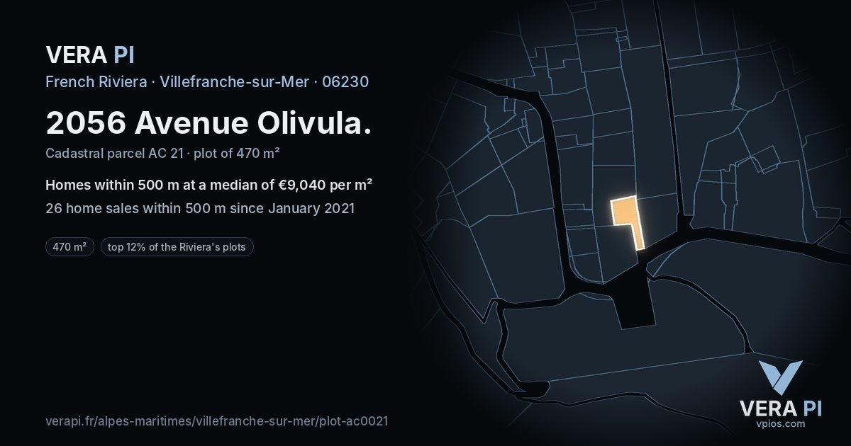 2056 Avenue Olivula, Villefranche-sur-Mer at night – the plot lit, the parcels around coloured by the prices near them