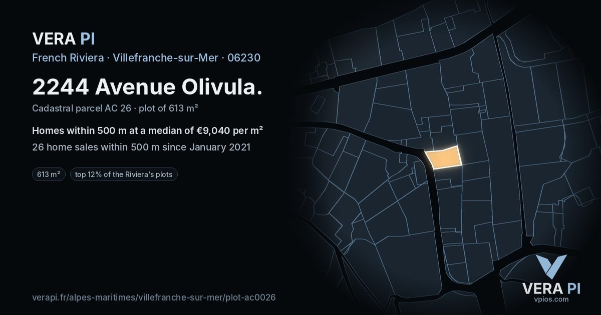 2244 Avenue Olivula, Villefranche-sur-Mer at night – the plot lit, the parcels around coloured by the prices near them