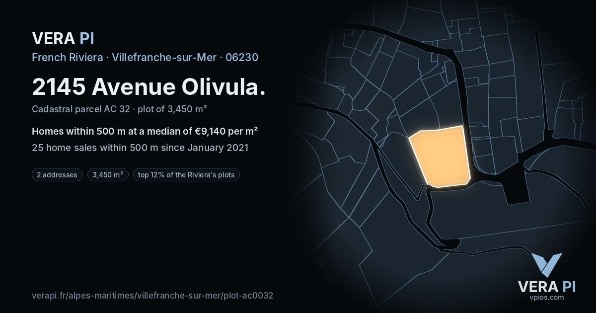 2145 Avenue Olivula, Villefranche-sur-Mer at night – the plot lit, the parcels around coloured by the prices near them
