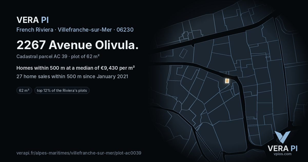 2267 Avenue Olivula, Villefranche-sur-Mer at night – the plot lit, the parcels around coloured by the prices near them