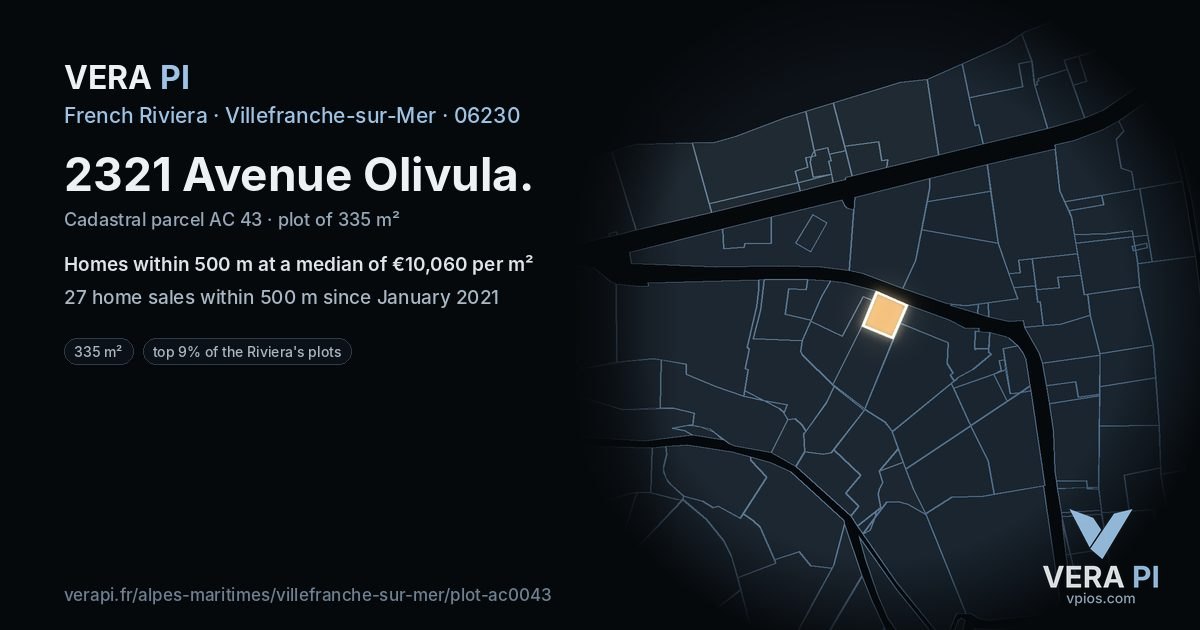 2321 Avenue Olivula, Villefranche-sur-Mer at night – the plot lit, the parcels around coloured by the prices near them