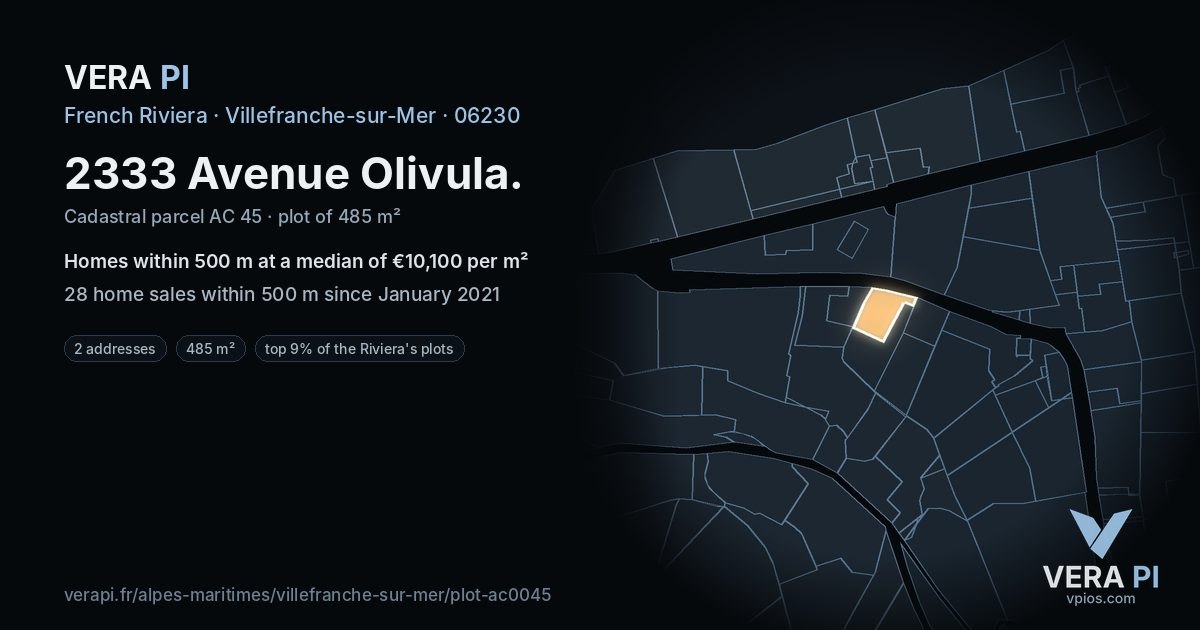2333 Avenue Olivula, Villefranche-sur-Mer at night – the plot lit, the parcels around coloured by the prices near them