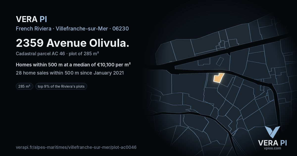 2359 Avenue Olivula, Villefranche-sur-Mer at night – the plot lit, the parcels around coloured by the prices near them