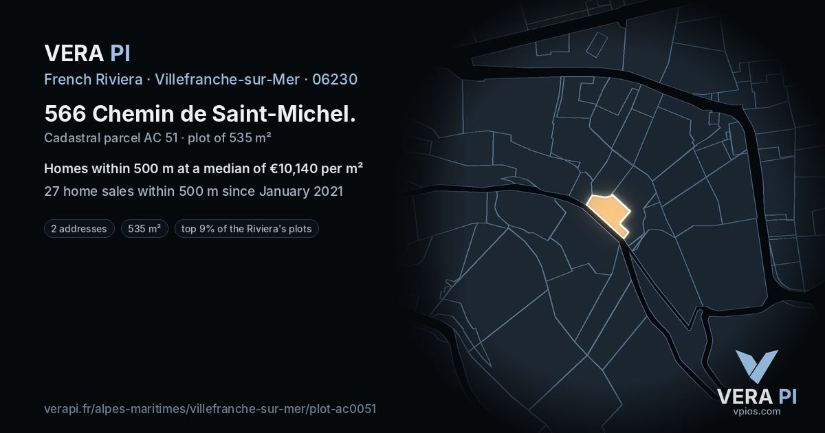 566 Chemin de Saint-Michel, Villefranche-sur-Mer at night – the plot lit, the parcels around coloured by the prices near them