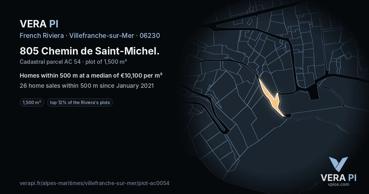 805 Chemin de Saint-Michel, Villefranche-sur-Mer at night – the plot lit, the parcels around coloured by the prices near them