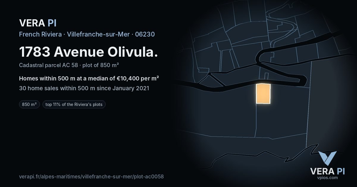 1783 Avenue Olivula, Villefranche-sur-Mer at night – the plot lit, the parcels around coloured by the prices near them