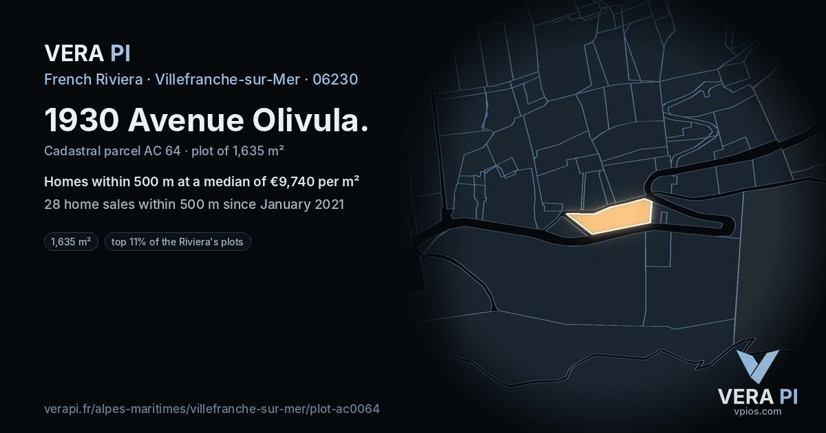 1930 Avenue Olivula, Villefranche-sur-Mer at night – the plot lit, the parcels around coloured by the prices near them