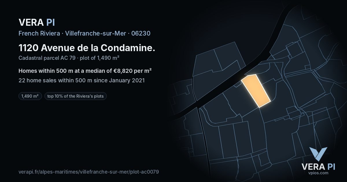 1120 Avenue de la Condamine, Villefranche-sur-Mer at night – the plot lit, the parcels around coloured by the prices near them